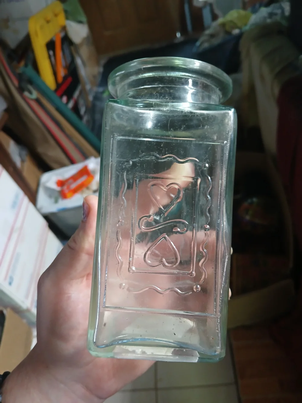 vintage square clear glass storage canister, possibly from brands like Anchor Ho